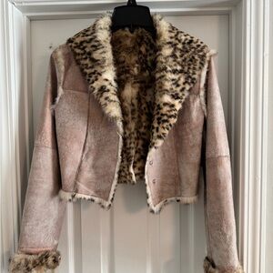 Arden B  rabbit fur  Jacket with Leopard Trim